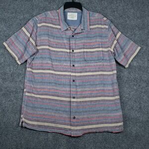 Weatherproof Vintage Men Linen Cotton Short Sleeve Button Up Shirt Blue Stripe M